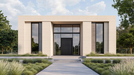 Modern Solar-Powered Community Center with Sustainable Landscaping