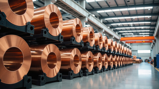 High quality copper coils stacked in modern industrial facility, showcasing shiny surface and precision of material