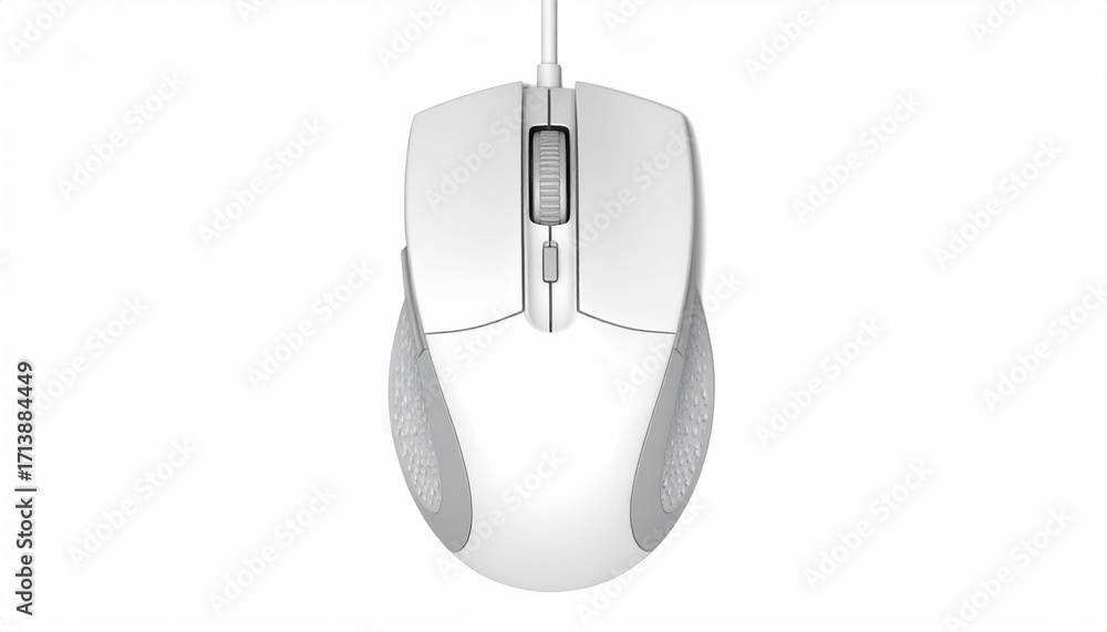 Fototapete White wired computer mouse with scroll wheel viewed from above — minimalist tech, crafted precision, symbolic interface.
