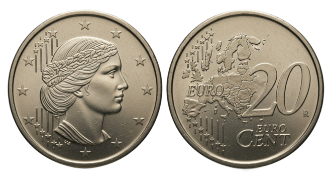 The 20 Euro Cent coin shows Europa’s face and a map of Europe.