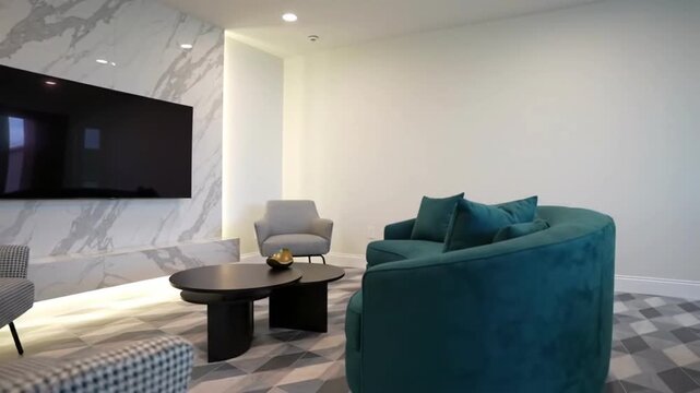 Elegant, modern living room with a large mounted TV on a marble wall, featuring stylish checkered armchairs and a dark teal sofa set.