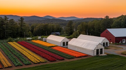 Modern Suburban Farm with Vibrant Flower Fields and Greenhouses at Sunset