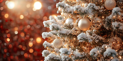 Snowy Christmas Tree with Golden Baubles and Warm Lights