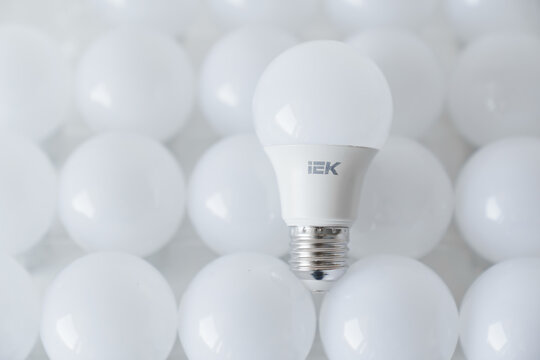IEK round white LED light bulb. many modern light bulbs