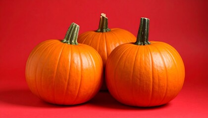 Three pumpkins against a red background