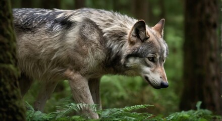Obraz premium Closeup of a majestic gray wolf in forest habitat, alert and ready to pounce in a serene setting.