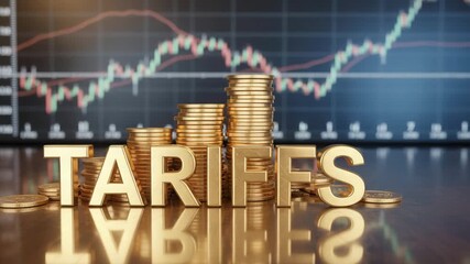 Golden tariffs with stacked coins reflecting market volatility, impacting global trade and economic growth, creating uncertainty for investors - Powered by Adobe