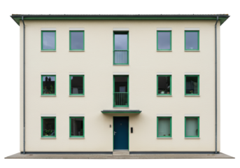 Isolated apartment building exterior, multi-family house facade with green windows and doors, neutral stucco