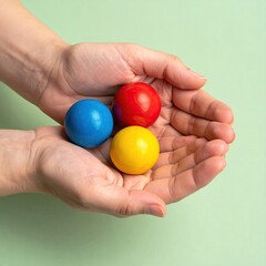 Cupped hands gently holding three primary colored wooden balls, red, blue, and yellow, on a light green background.