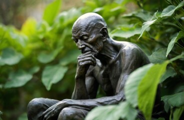Fototapeta premium Somber and Contemplative CloseUp of Bronze Statue of Old Man in Natural Garden Setting