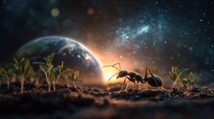 Majestic Ant Gazes at Earthrise Amidst Cosmic Nebula and Sprouting Life.
