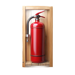 Obraz premium A red fire extinguisher mounted in a wooden frame, isolated on transparent background
