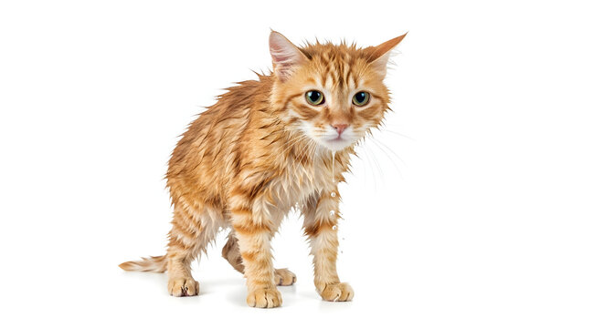 A cute, wet tabby cat looks dejected after bath time, ideal for pet care ads or humorous content about the challenges of pet grooming on isolated white background.