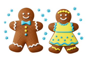 Isolated gingerbread couple with light blue snowflake candy on a neutral surface for holiday cookies