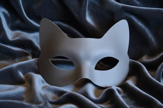 Mysterious cat mask elegantly rests on luxurious dark velvet fabric creating an alluring and secretive atmosphere