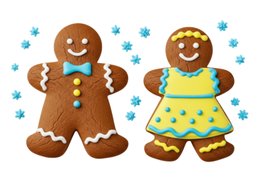 Isolated gingerbread couple with light blue snowflake candy on a neutral surface for holiday cookies