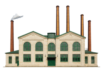 Isolated industrial factory with tall smokestacks emitting smoke, vintage building design