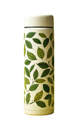 Vertical, cylindrical insulated water bottle.  Cream-colored body decorated with a repeating pattern of various shades of green leaves.  Smooth, rounded top and bottom.  Clean, simple design