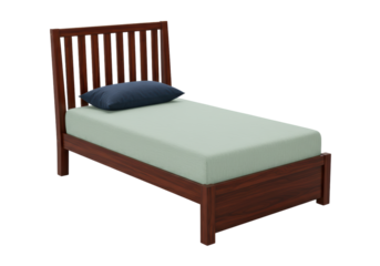 Isolated wooden bed with headboard and blue pillow in studio shot single size bedroom furniture