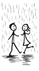 Obraz premium Joyful Stroll in the Rain: a lighthearted stick-figure illustration that encapsulates the pure joy of a couple embracing a rain shower, evoking a sense of freedom, love, and togetherness.