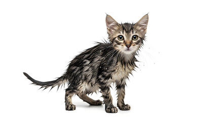 A cute, wet tabby cat looks dejected after bath time, ideal for pet care ads or humorous content about the challenges of pet grooming on isolated white background.
