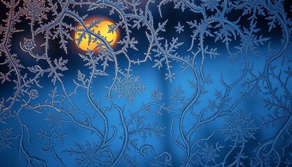 Intricate frost patterns on icy windowpane, ethereal light,  seasonal,  subtle