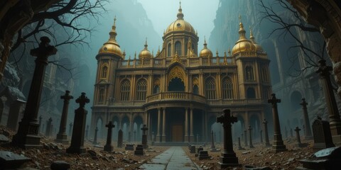 Obraz premium Sunken Splendor A Decayed Golden Palace Graveyard Halloween