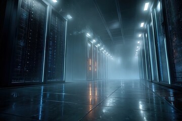 Futuristic Server Room Interior At Night