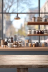 Empty Wooden Table In Front Of A Cafe With Blurred Background