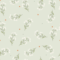 Hand drawn white flowers, hearts and dots on  mint background. Vector floral illustration, seamless pattern.