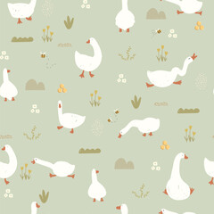 Hand drawn ducks on field. Vector llustration with farm animals, flowers, plants, bees, seamless pattern.