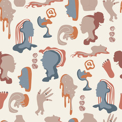 Abstract human face, hand leg, seamless pattern. Vector illlustration with abstract face.