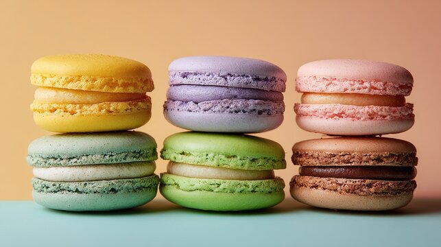 Stacked, colorful macarons on blue and beige background, close up