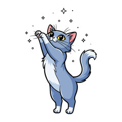 Cute Cat in Magical Moments: An adorable cartoon cat stands on its hind legs, paws reaching upward toward sparkling stars, capturing the pure, whimsical charm of this lovable pet.