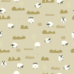 Hand drawn sheeps , grass and dots on field, seamless pattern. Vector illustration with cute animal and plants on pastel backgrond.