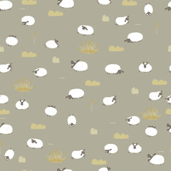Cute hand drawn sheeps and plants on green background. Vector illustration with animals, seamless pattern.