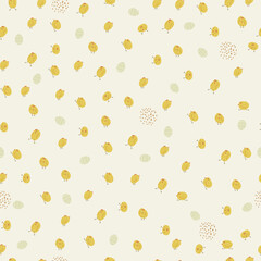 Hand drawn chiks pattern with dots and eggs. Cute pattern with small animals, seamless pattern.