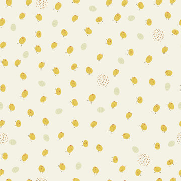 Hand drawn chiks pattern with dots and eggs. Cute pattern with small animals, seamless pattern.