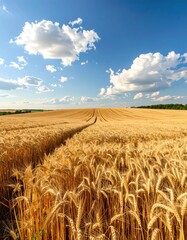 A golden wheat field stretches under a bright blue sky dotted with fluffy white clouds