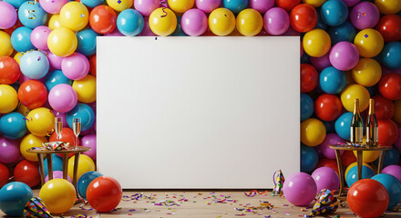 Colorful balloon backdrop with blank white canvas for celebrations  