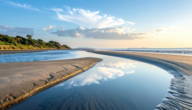 Calm estuary at slack tide with faint slick patterns serene tones and left margin copy space representing quiet water suitable for travel editorial and minimalist backgrounds