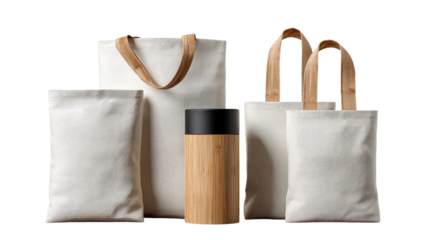 Various blank white canvas tote bags and a bamboo tumbler
