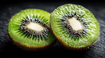 Two vibrant, juicy kiwi fruit halves, glistening, rest on a dark slate surface, showcasing their bright green flesh and tiny black seeds