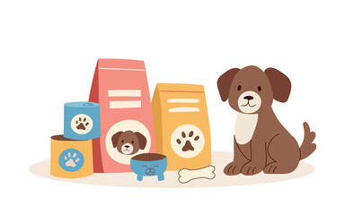 Pets food concept. A puppy with dry and wet food isolated on white background. Vector flat banner.