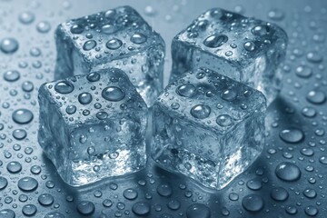 Four melting ice cubes with numerous water droplets on a cool surface.