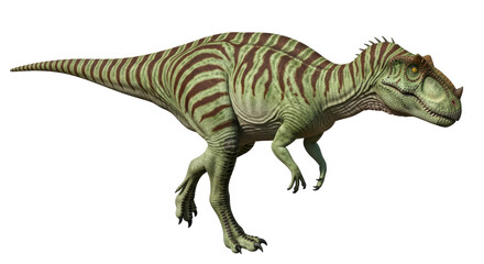 Isolated Majungasaurus with green and brown stripes, a Cretaceous theropod dinosaur