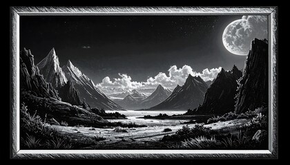 Monochrome mountain landscape with a full moon
