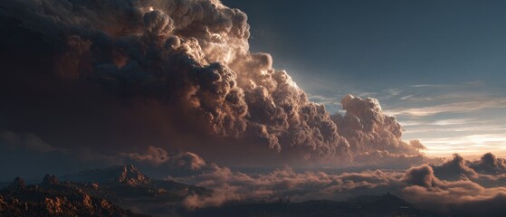 Majestic Cumulonimbus Clouds Bathed in Golden Sunset Light, Creating a Dramatic Sky Panorama.