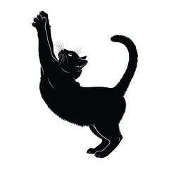 Mystical Black Cat: An elegant black cat strikes a poised stance, reaching upwards with graceful, outstretched paws.
