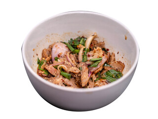 Spicy Thai grilled pork neck salad, juicy and tender meat with herbs, chili, lime, savory authentic flavor.